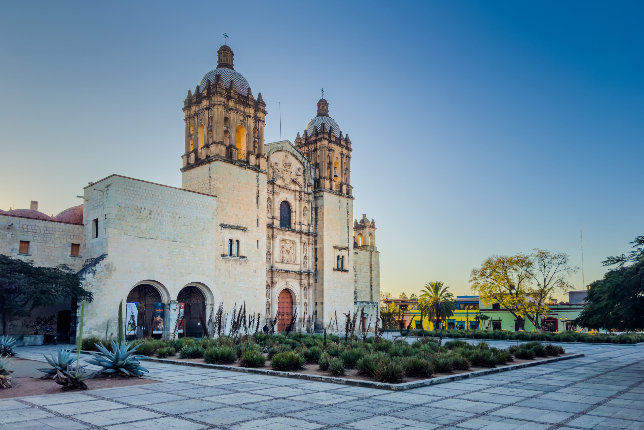Santo Domingo church in Oaxaca, Mexico, at sunset.