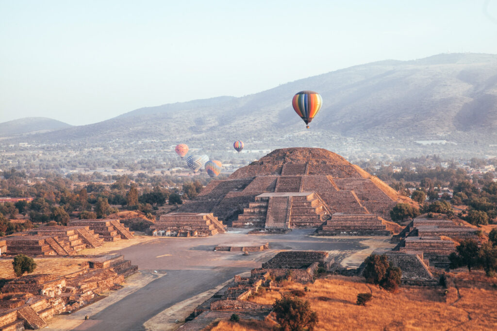 Hot Air Balloons over Teotihuacan Pyramids in Mexico