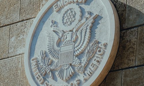 Jerusalem ISRAEL-May 14 2018: New US Embassy in Jerusalem, embassy seal on the stone wall