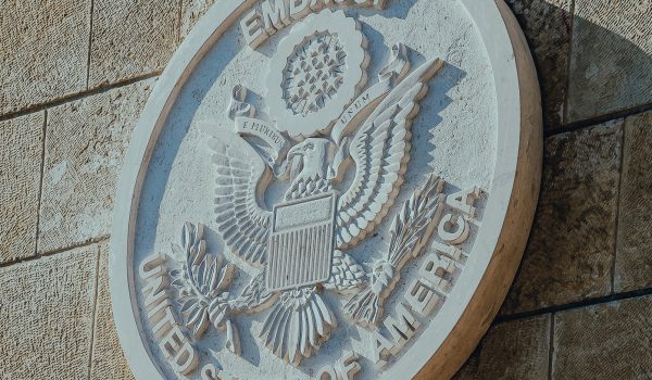 Jerusalem ISRAEL-May 14 2018: New US Embassy in Jerusalem, embassy seal on the stone wall