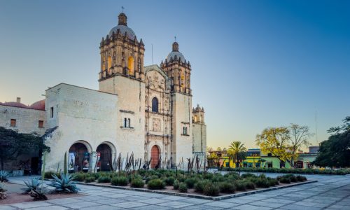 Santo Domingo church in Oaxaca, Mexico, at sunset.